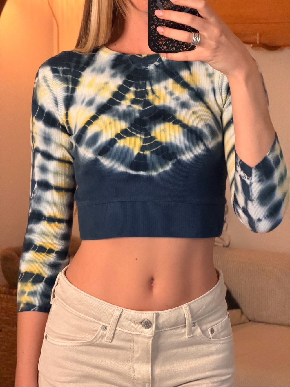 NSF Cropped Tie-Dye Navy & Yellow Ribbed Top | size small USA made 95% cotton
